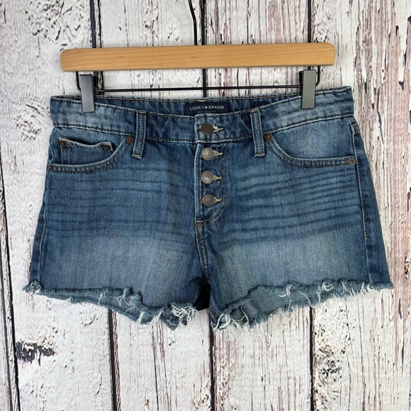 Lucky Brand The Cut Off Denim Shorts Size 4/27 Button Fly Mid Rise Medium Wash - Picture 1 of 16